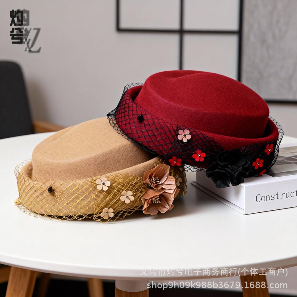 New autumn and winter boutique stewardess hat elegant mesh painter hat Australian pure wool warm felt personalized beret