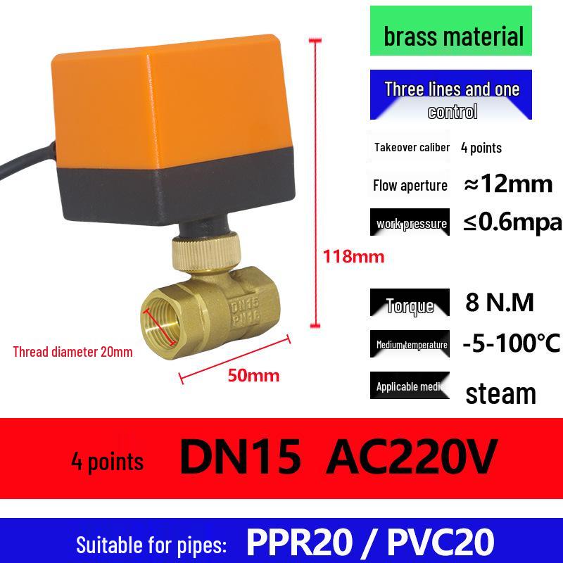 Electric Copper Ball Valve, Two/Three-Way Control, for 220V, 12V, 24V Systems - Ideal for AC, Fan Coil, Solar Applications, 4-Point Connection
