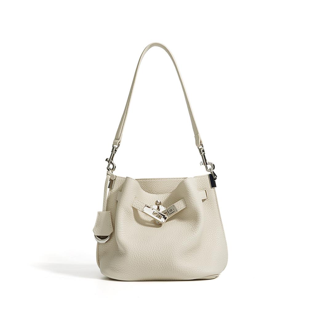 Klassische Damen-Tasche erste Schicht Rindsleder Einkaufskorb Eimer-Tasche einfarbig vielseitig Mode große Kapazität Leder Schulter-Achsel-Tasche