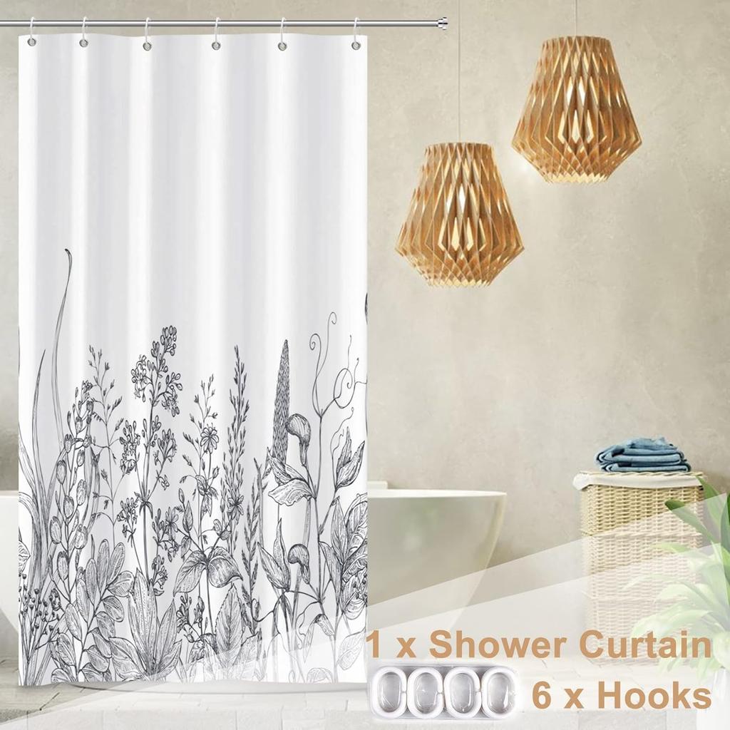 Botanical Stall Shower Curtain, Black and White Plant Herb Flower Floral Small Dorm Bathroom Curtain, Natural Modern Plants Narrow Shower Curtain Set