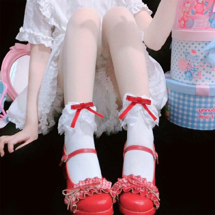 Calzini da Caviglia da Donna con Fiocco Dolce e Nodo Giapponese Carino con Pizzo Arricciato in Cotone