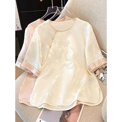 Jacquard Satin Short-sleeved Shirt Women's 2025 Summer New Fashion Temperament Acetate Pink Top