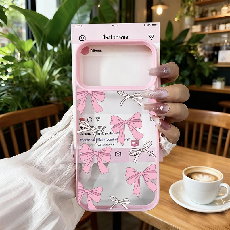 Creative Pink Y2K Bow Cherry Phone Case For iPhone 17 Pro Max 17 Air 17Pro 17 Hand Painted Shockproof Clear Hard Cover Fundas