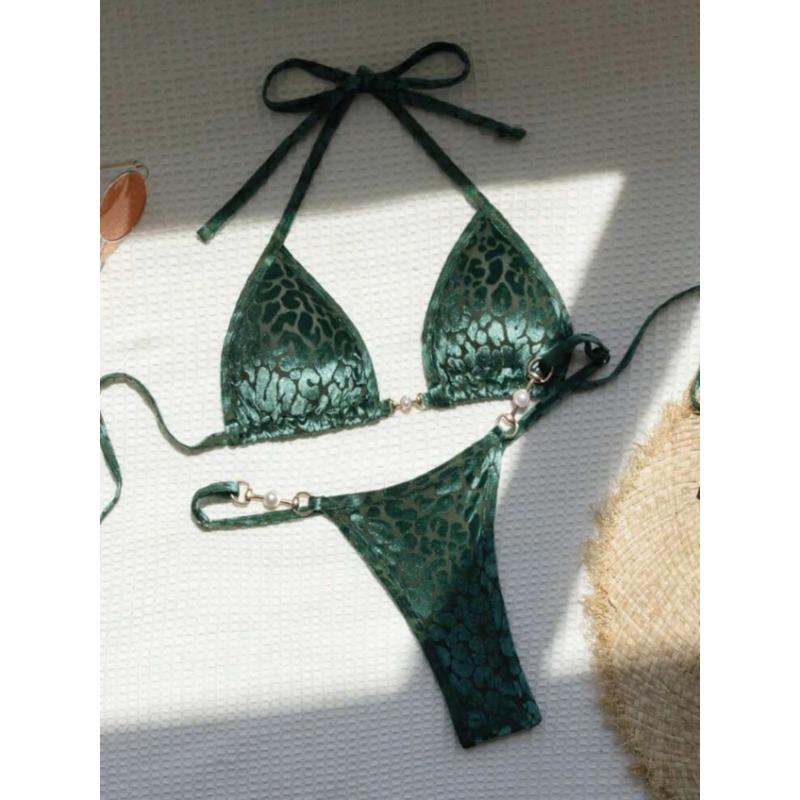 Shiny Pink Micro Bikini 2025 Mujer Women Sexy PU Pearls Push Up Thong Swimsuit Summer Bathing Suit Bandage Holiday Swimwear