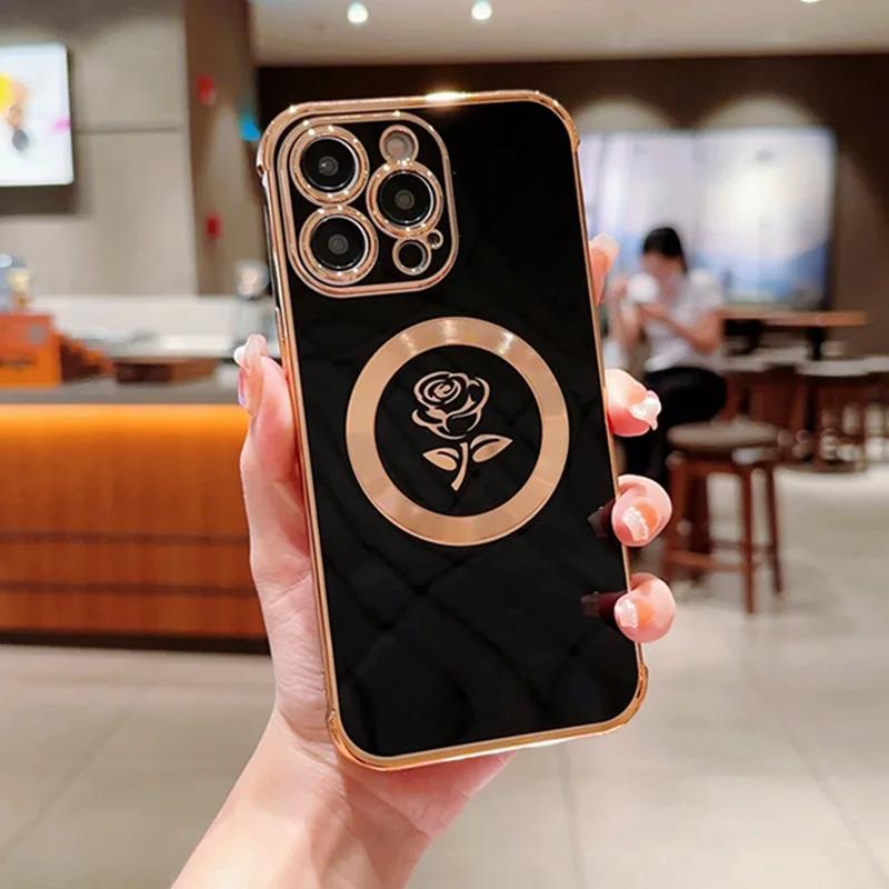 Etui z ramką 6D, z kwiatem róży z boku, dla iPhone 15 14 Plus 11 13 12 Pro Max, wstrząsoodporne, z możliwością ładowania bezprzewodowego, silikonowe, magnetyczne