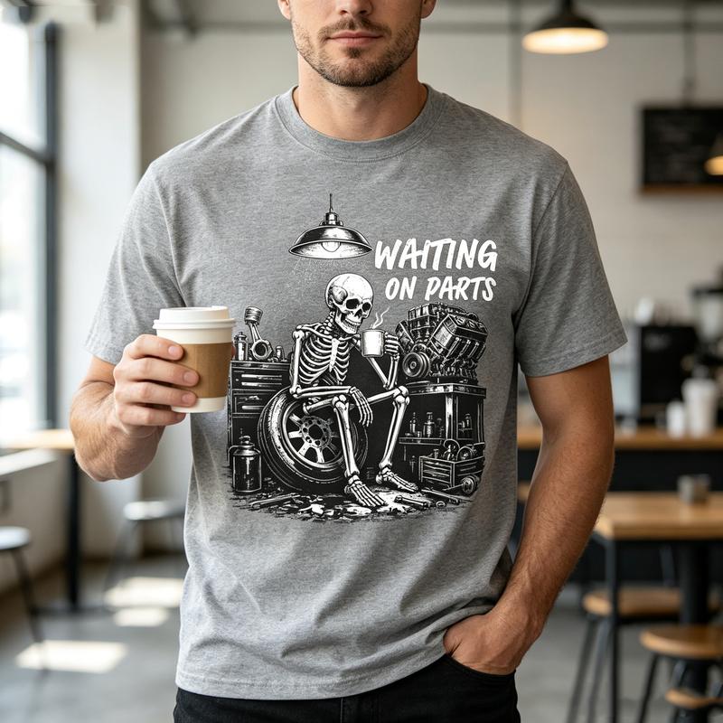 Vintage Skeleton Mechanic T Shirt Unisex Waiting on Parts Graphic Casual Cotton Short Sleeve Tee Y2k Top Harajuku Summer