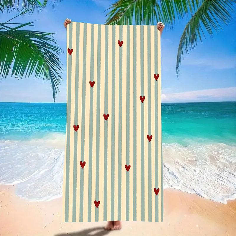 French Cottagecore Heart Stripe Microfiber Beach Towel Oversized Extra Large Aesthetic Green Stripe Pool Blanket for Women Her