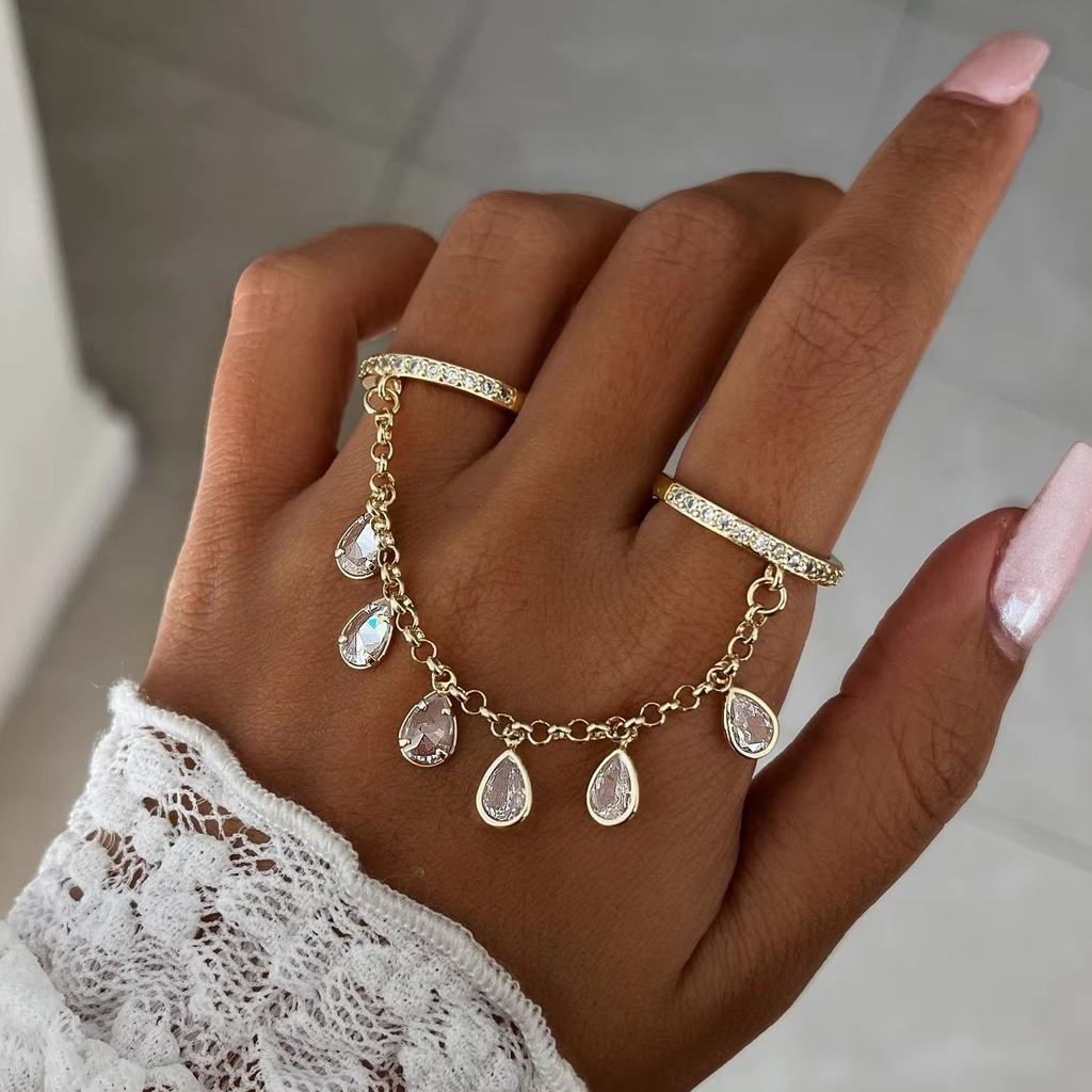 Gold Plated Double Hoop Teardrop Zircon Tassel Pendant Rings for Women Crystal Water Drop Connected Finger Ring Party Jewelry
