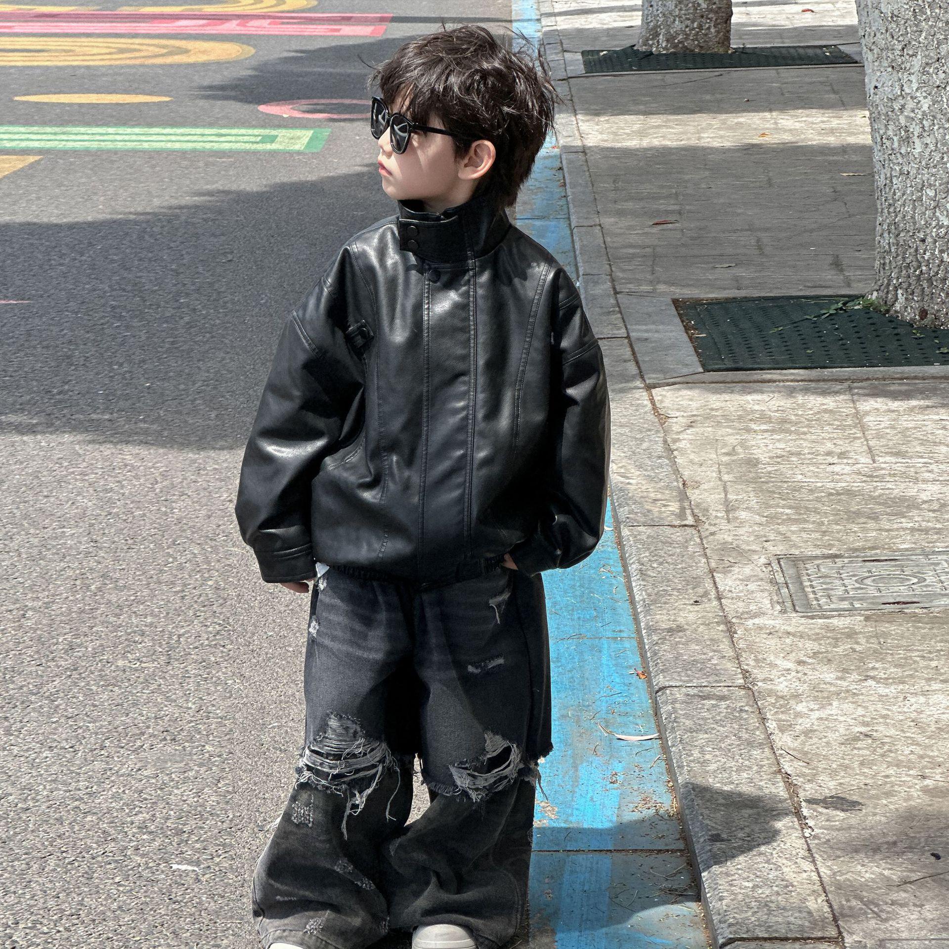 

Новая кожаная куртка в стиле Rogue для мальчиков 2025 года - Красивый топ свободного кроя на весну и осень. 160cm черный кожаный жакет