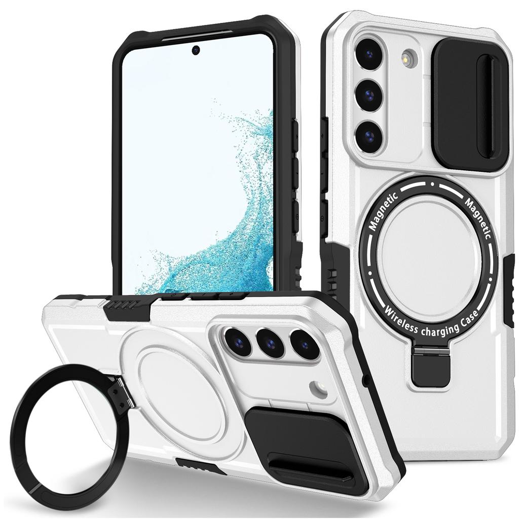 For Samsung Galaxy S22+ 5G Kickstand Case PC+TPU Magnetic Phone Shell with Lens Cover