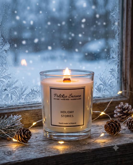soy candle with a wooden wick + HOLIDAY STORIE