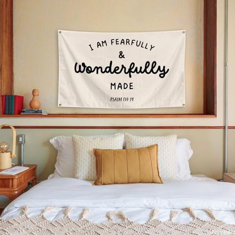 Fearfully Wonderfully Made Psalm Quote Wall Tapestry Beige Black Text Bible Verse Christian Religious Scripture Bedroom