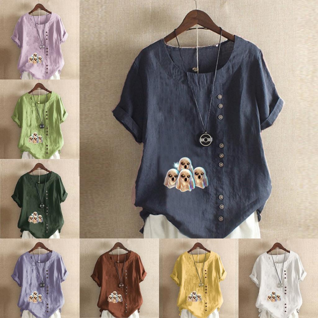 Damenmode Rundhals Kurzarm T-Shirt Lässiges Baumwoll-Leinen-Grafikhemd Freizeit Lose Geister Gedruckt Sommer Bluse Tops