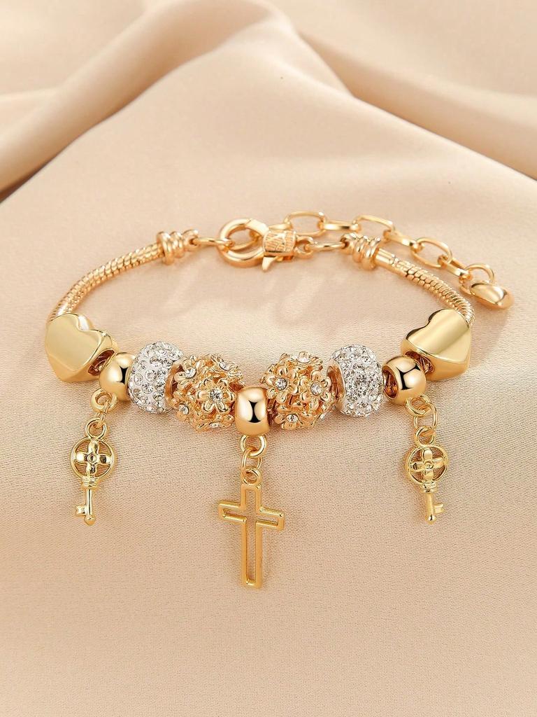 1pc European And American Fashion Heart, Cross, Floral Beaded Bracelet, Women Stylish Cross Pendant Bracelet