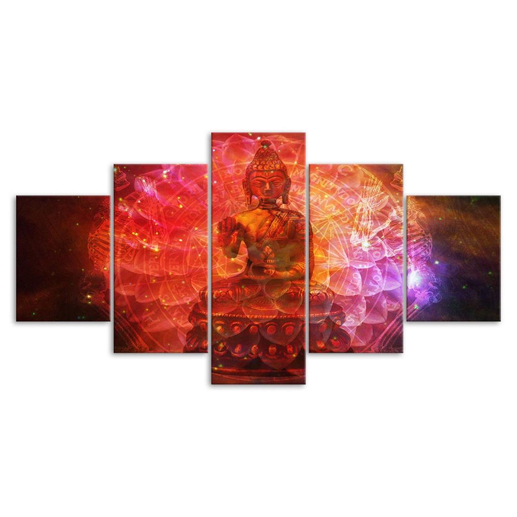 Buddha Statue Mystic Cosmos Scenery 5 Piece Five Panel Wall Canvas Print Modern Art Poster Picture Home Decor Gift For Him Her