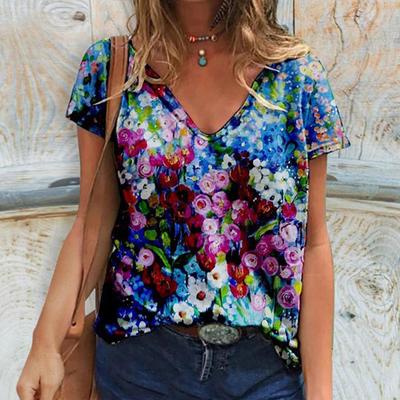 Moda Primavera Retro Estampa Floral Blusas Manga Curta Gola V Camisetas Casuais