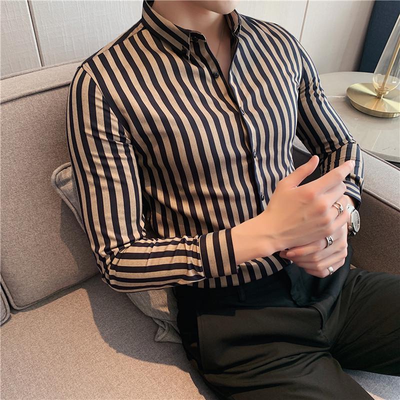 Frühling/Sommer Herren Slim Fit Gestreift Langarm Texturiertes Businesshemd