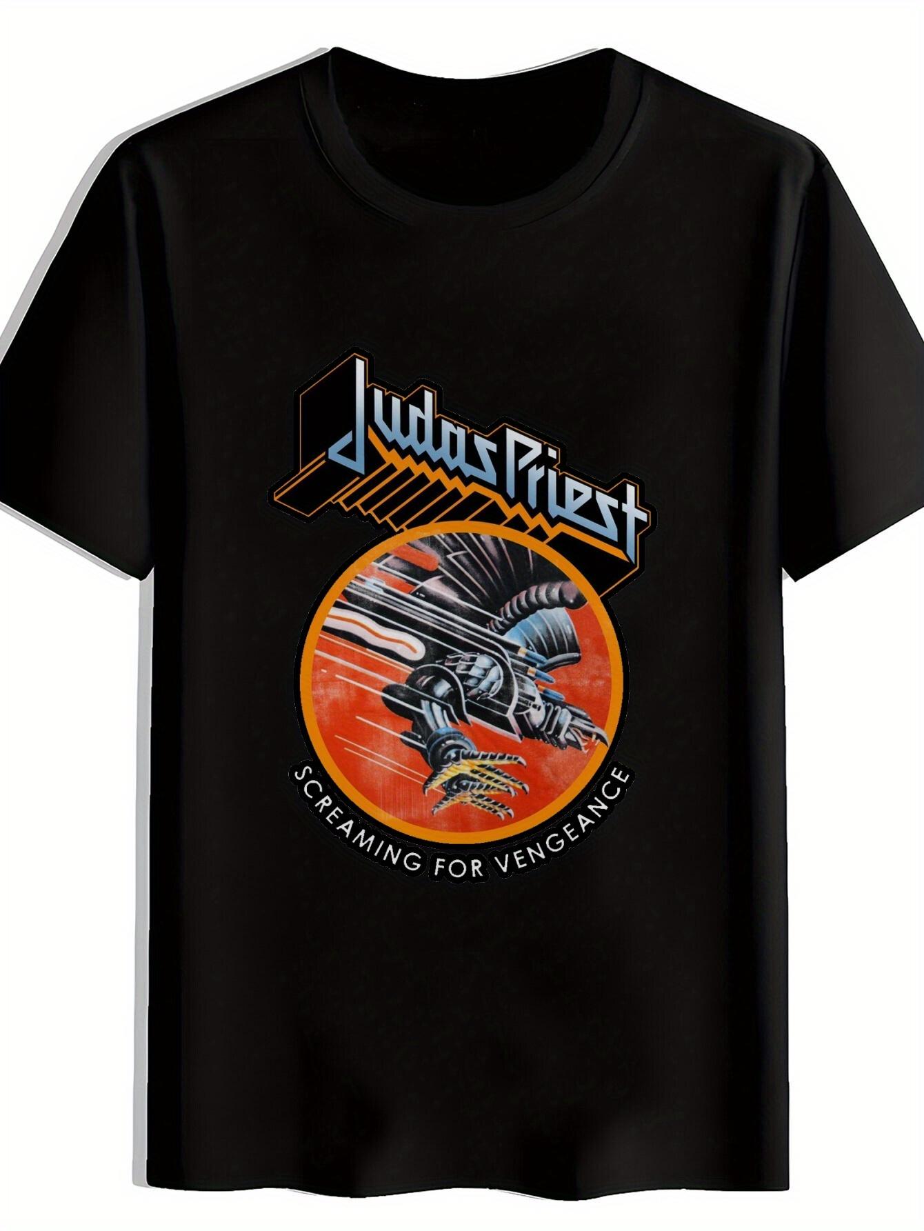 Vintage Rock Band Graphic T-shirt - Black Polyester Crew Neck Short Sleeve Tee with Judas Priest Print XXXXL