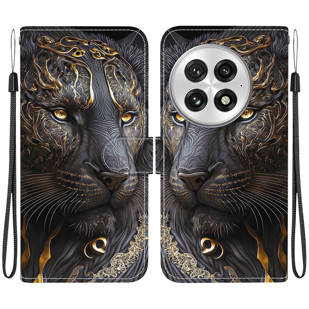 Handmade PU Leather Flip Case for OnePlus 13 Anti-Slip Shockproof Cover with Wrist Strap & Heart/Rose Cat Designs