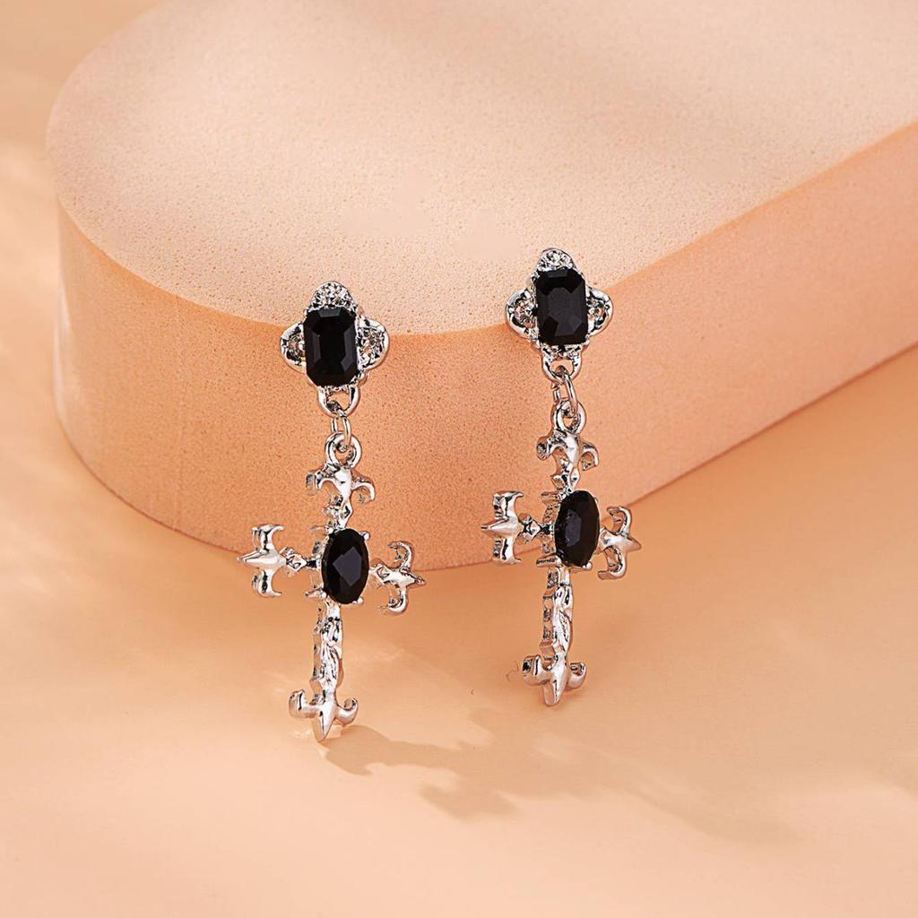 Cross Stud Earrings Design Niche High-End Earrings Personality Cool Dark Zircon Earrings Women