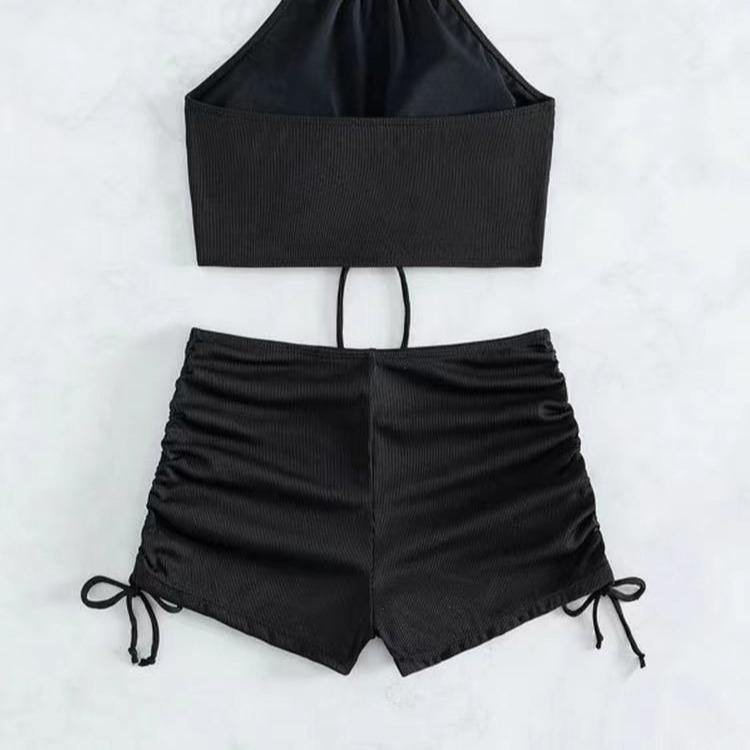 European & American Women’s Hot Spring Conservative Solid Color Backless Bikini Swimsuit
