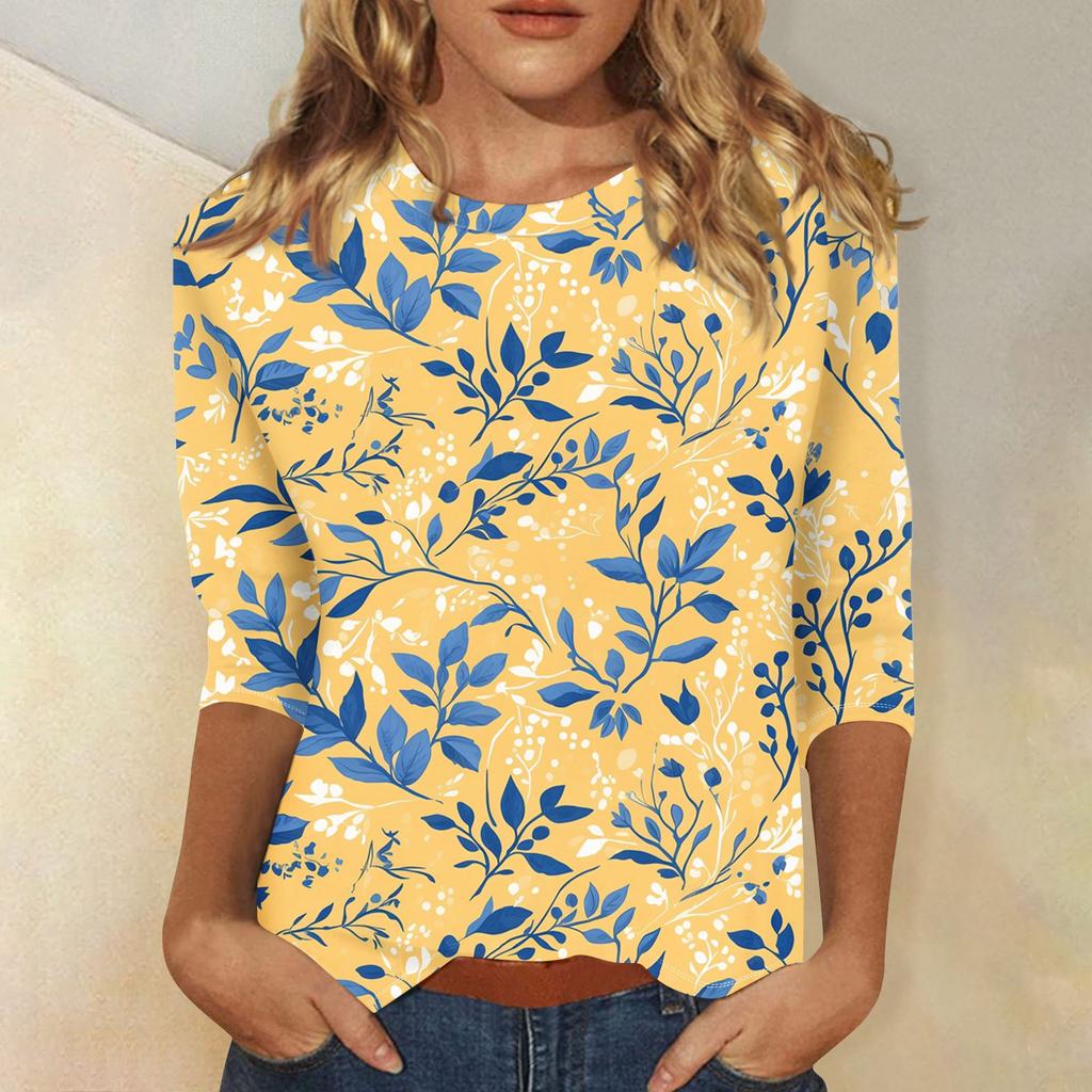 Women's Casual Loose Printed Round Neck Top With Three Quarter Sleeves T Shirt Top