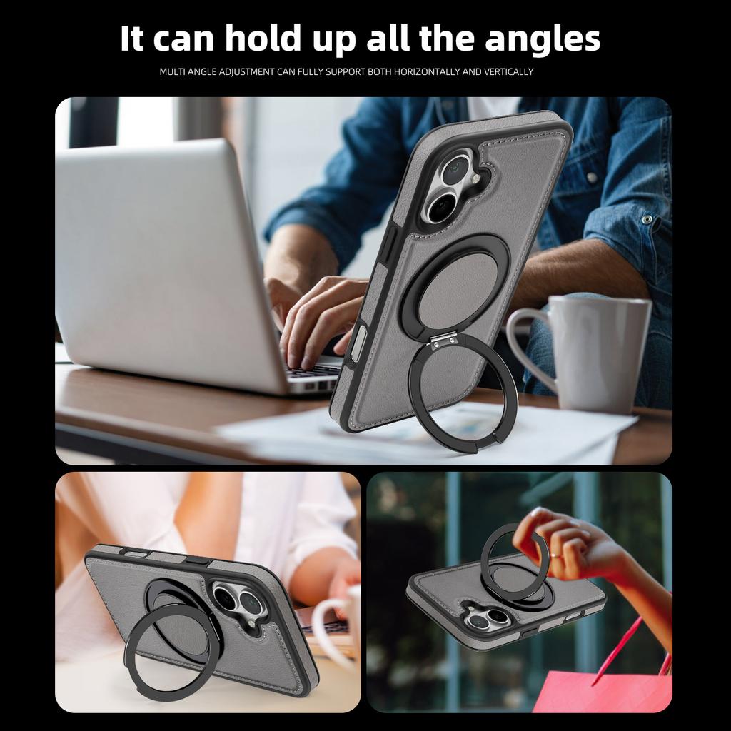 For iPhone 16 Magnetic Case Rotate Ring Kickstand PU Leather+PC+TPU Back Cover