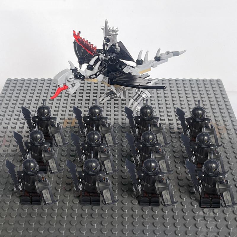 14pcs MOC Medieval Dwarf Warrior Elves Knights LotR Uruk-hai Orc Rohan Soldier with Witch King Leader Figure Building Block Toys