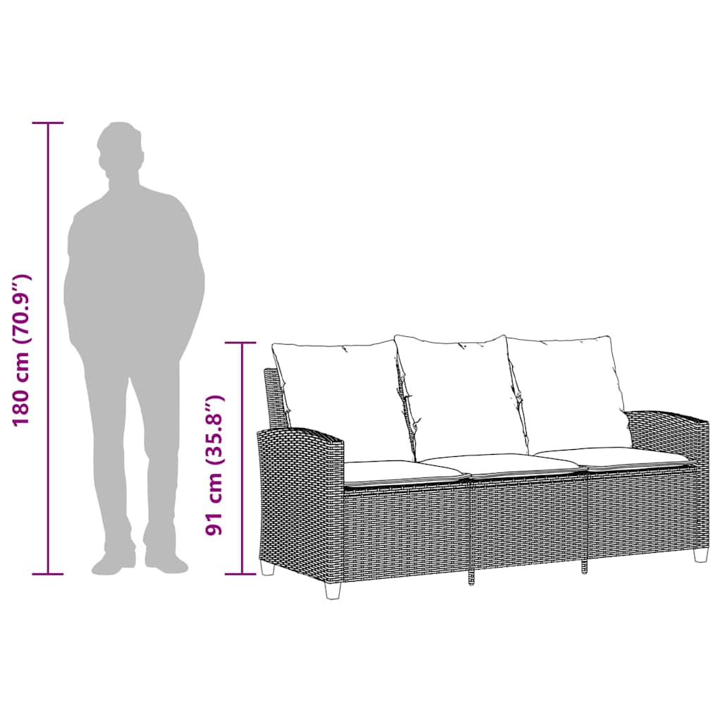 3 Seater Garden Sofa with Cushions & Table Black Poly Rattan