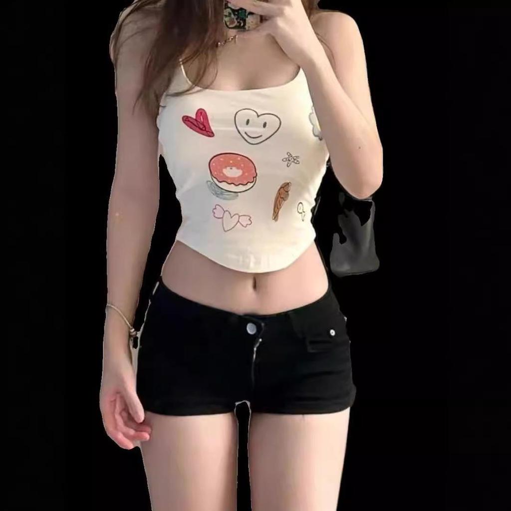 Spring-Summer Black Low-Waist Slimming Leggings and Ultra-Short Denim Hot Pants