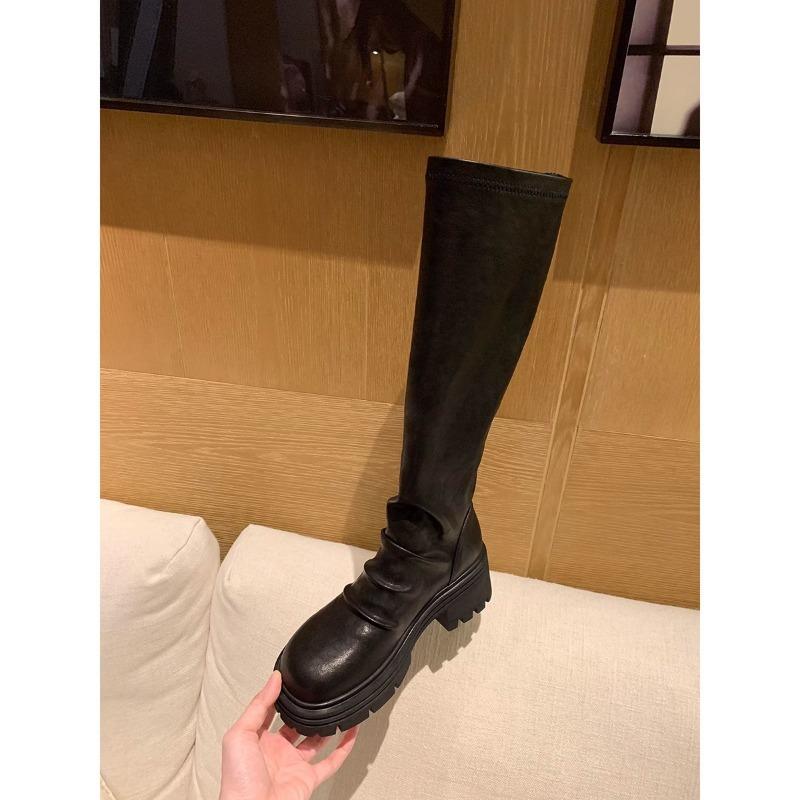 Cowhide Leather Thick-bottomed Pleated Pile Boots Women's Thick Heel Tall Boots Elastic Skinny Boots