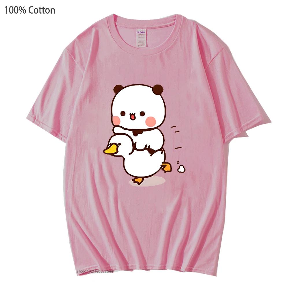 Cute Bubu and Duud Is Riding A White Duck Tshirt Panda and Brownie Bear Clothes Cotton T-Shirts for Men Women Couple