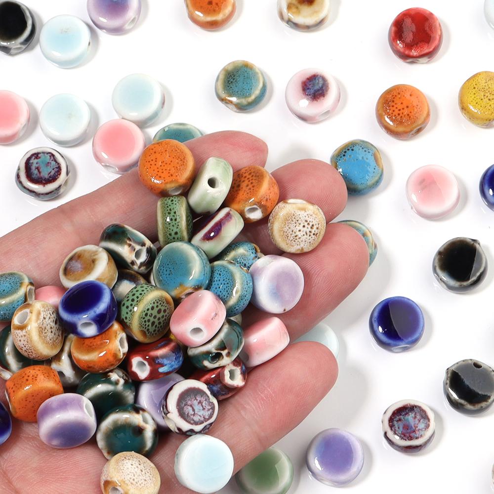 10pcs/lot 12mm Colorful Floral Glaze Ceramic Beads Flat Round Loose Beads for DIY Jewelry Making Bracelet Necklace Accessories