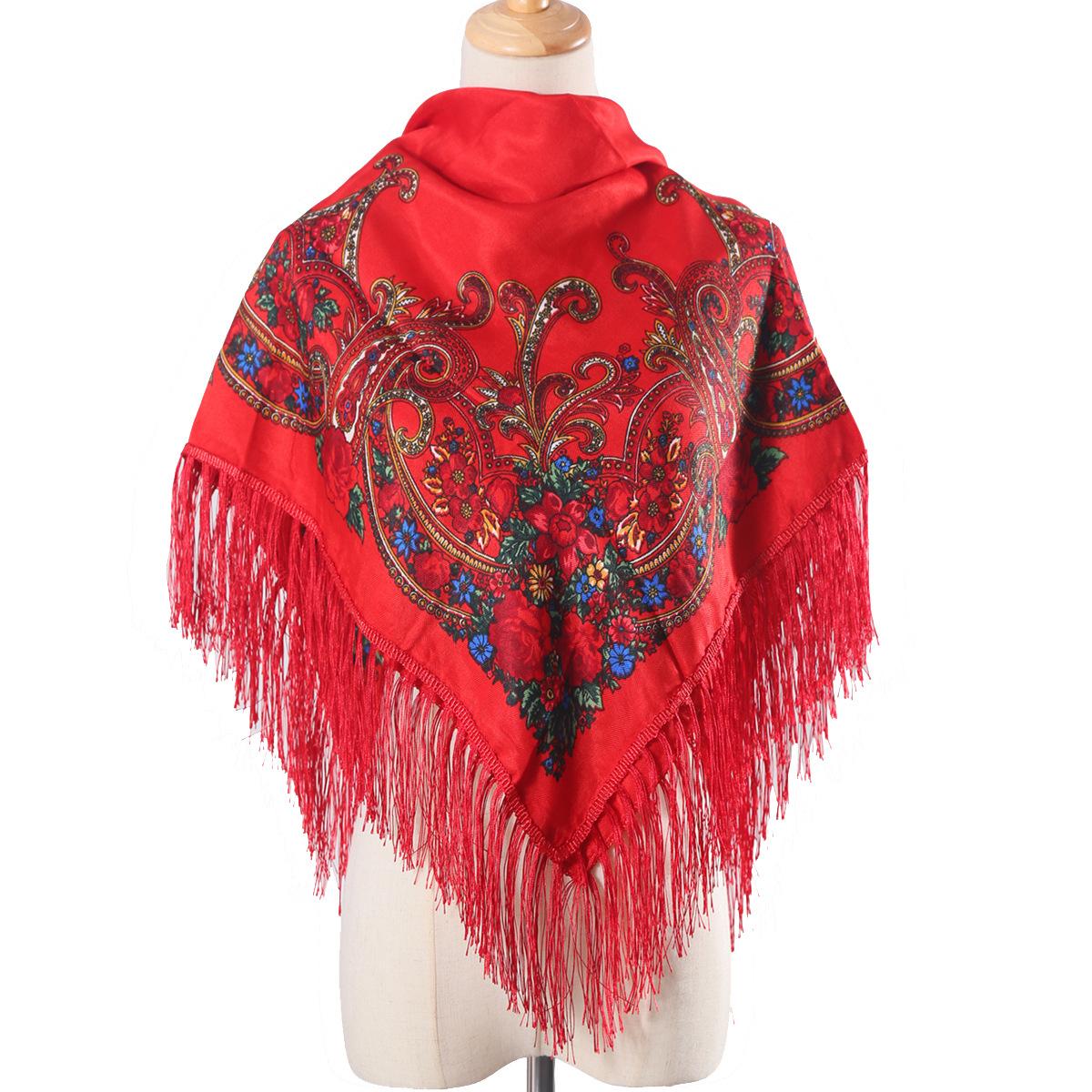 

Квадратный шарф с цветочным принтом в русском стиле 100*100 см красный