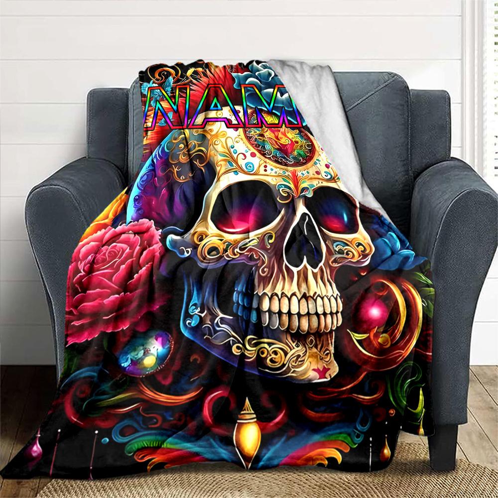 Colorful Skull Adorned With Intricate Patterns And Vibrant Flowers With The Word Prominently Displayed Gift Customizable Blanket Personalized Name