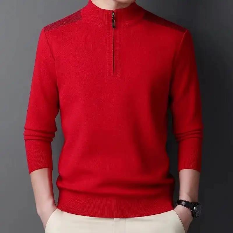 

Зимний мужской свитер с высоким содержанием шерсти, с высоким воротником, утолщенный, теплый базовый вязаный свитер на молнии L красный