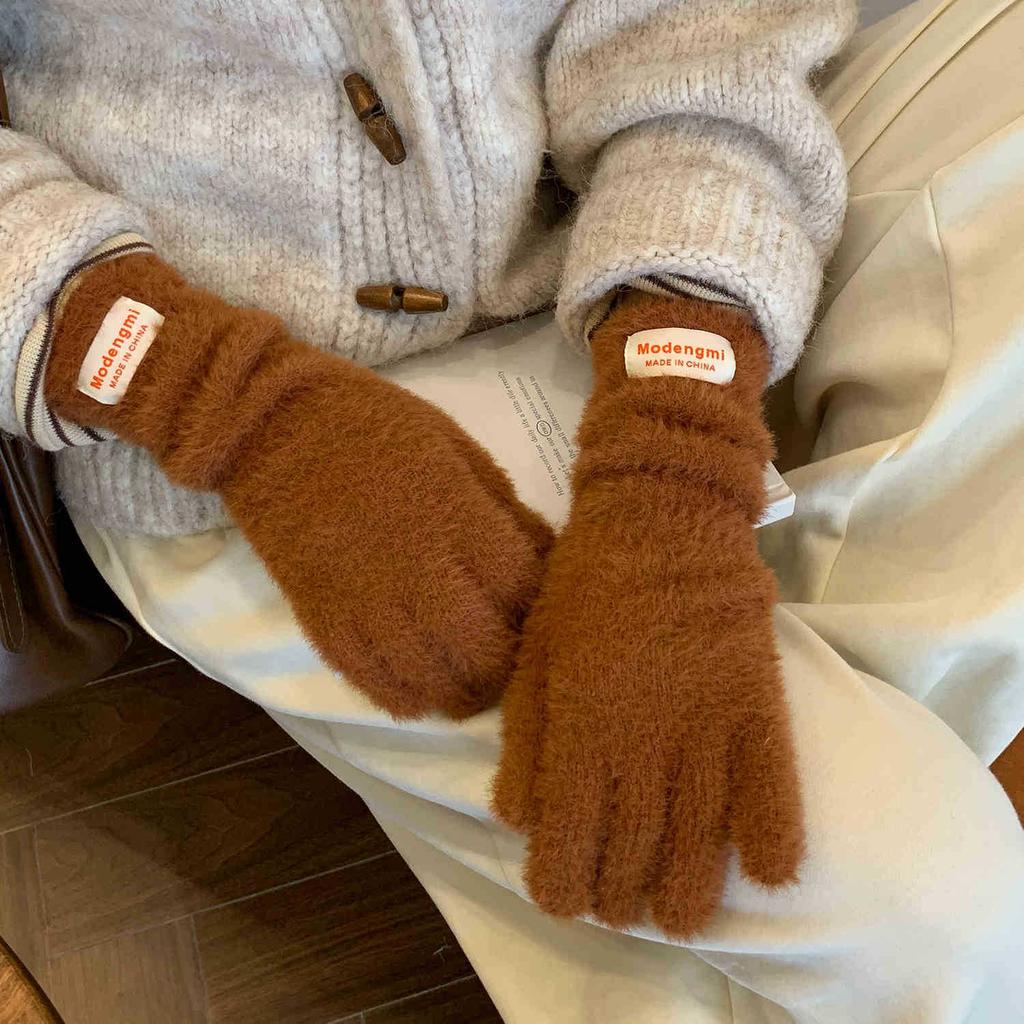 Soft waxy plush knitted gloves high-end ins warm dew fingers cold-proof five-finger gloves versatile