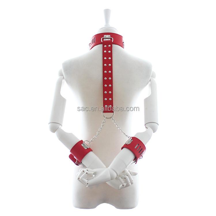 SacKnove Flirt SM Sex Toy Neck Back Restraint Bedroom Lockable Key Chain Bondage Gear Adjustable PU Leather Handcuffs for Woman