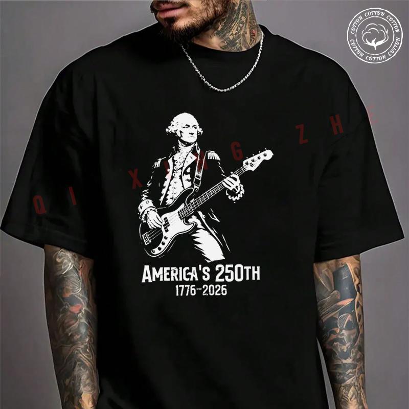 Men T Shirt Casual George Washington Playing Guitar 4Th July 250Th Anniversary Motorcycle T-shi