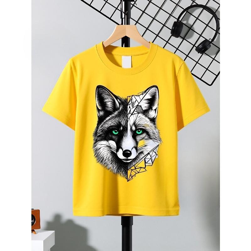 European sizes Boys' T-shirt Fox Face Geometric Pattern Art, Ideal for Outdoor Activities, Soft Knitted Top, Comfortable And Breathable