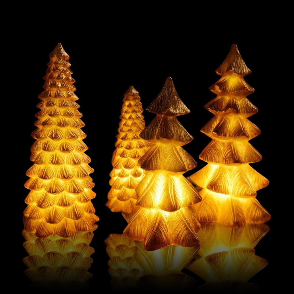 4 Pieces LED Golden Christmas Tree Statues Mini Desktop Tree Christmas Decorations Tabletop Christmas Tree For Living Room