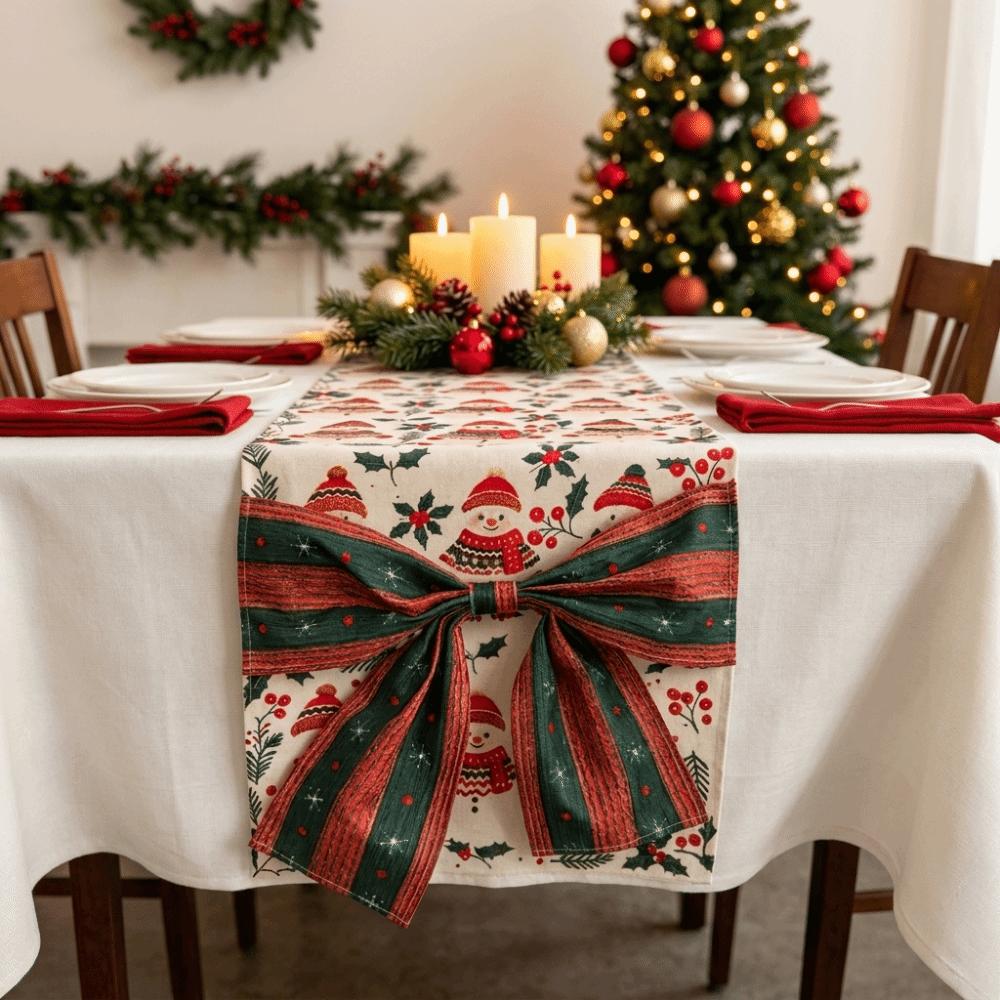 Kumaş Noel Masa Runner'ı Fiyonk Noel Masa Örtüsü Xmas Parti Dekorasyonu Noel Masa Bayrağı Festival