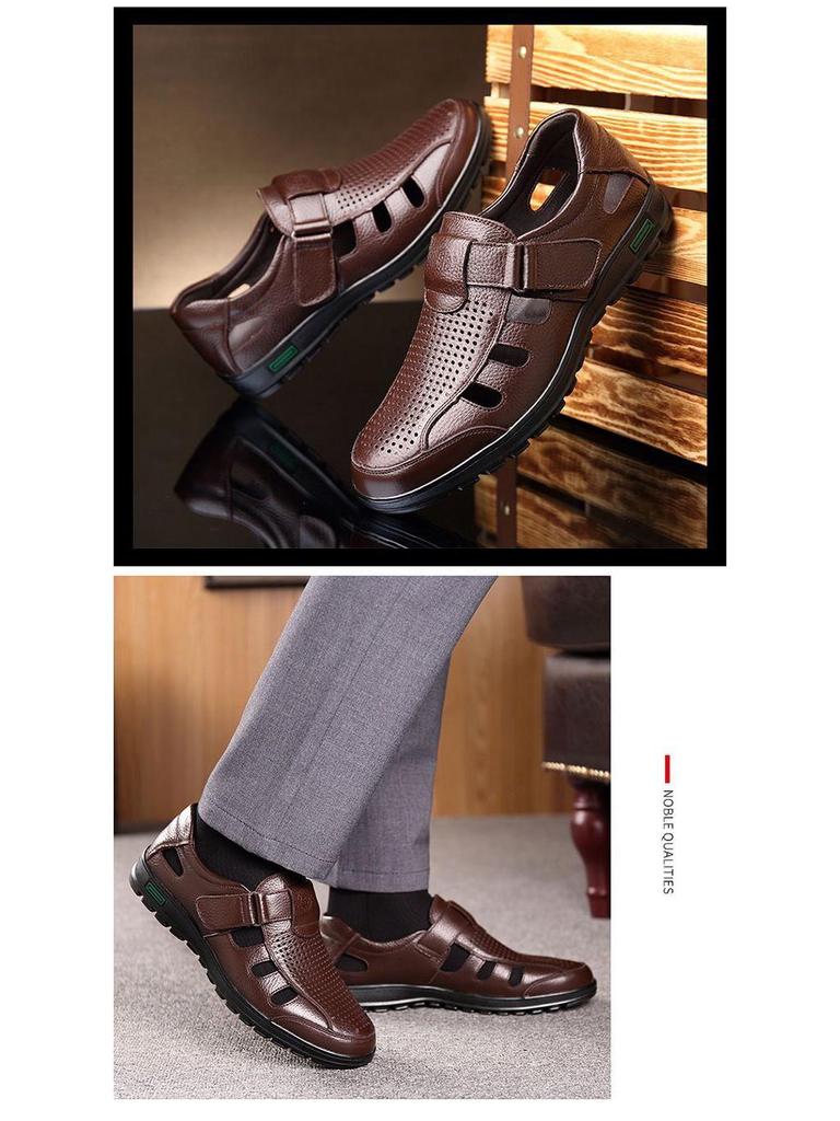 Sandalias de Conducción de Cuero de Suela Blanda para Hombre - Business Casual, Diseño Hueco para Mediana Edad y Ancianos