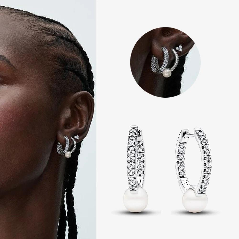 925 Silver Heart Hoop Earrings Sparkling Original Jewelry Gift for Women