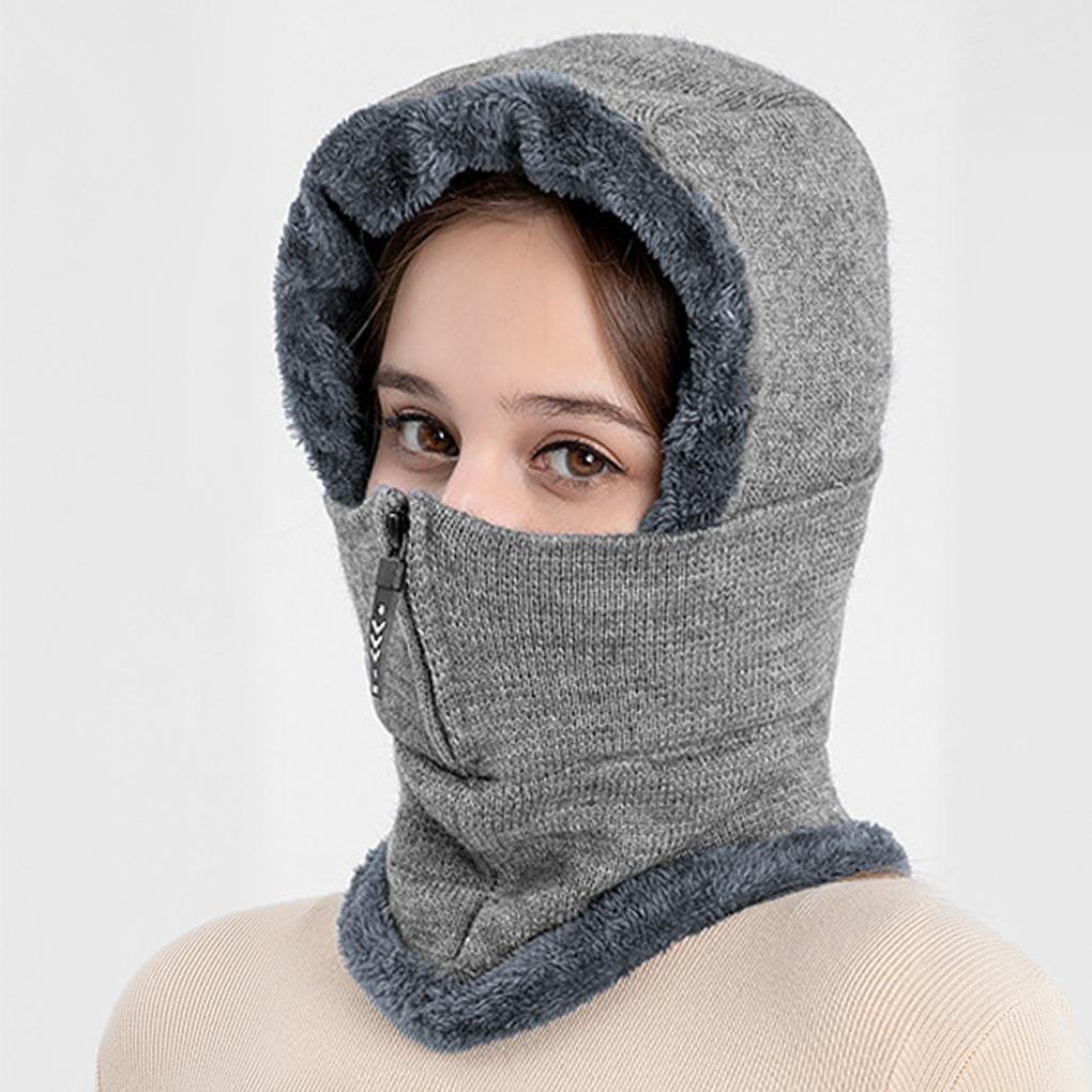 Winter cold weather gear: zip-up neck warmer, hat, hood warmer, and mask