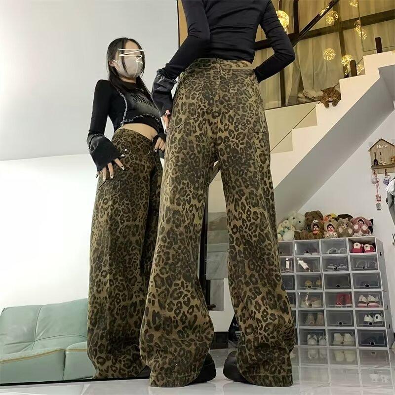 Leopard print denim jeans casual vintage style  boyfriend wide-leg pants
