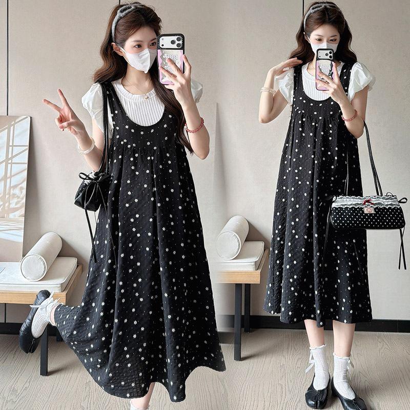 Gentle Black Floral Print Maternity Dress & Loose T-Shirt Set for Summer 2026