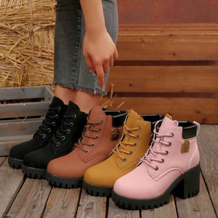 2025 New Short Heel Elegant Women's Lace-up Non-Slip Ankle Boots