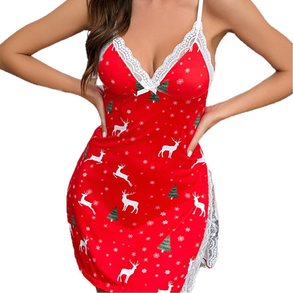 Sex underwear V-neck halter sexy lace splicing side hollow suspender nightdress Christmas model