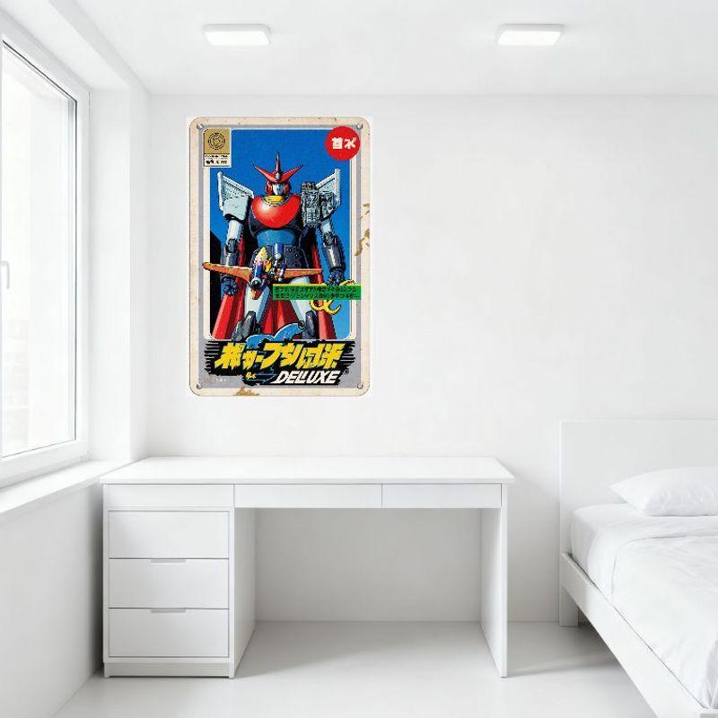 Vintage Japanese Mecha Robot Tin Sign, Red Blue Helmet & Cape, Delux Toy/Anime Metal Poster for Home Wall Decor, 8x12 Inch